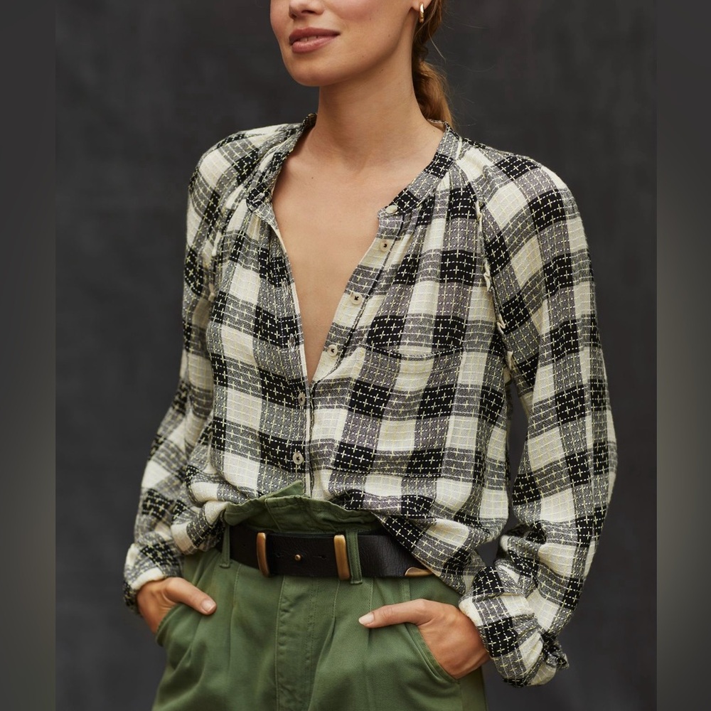 Pilcro Button Down Shirt size Small with cute boho sleeve black, off white
